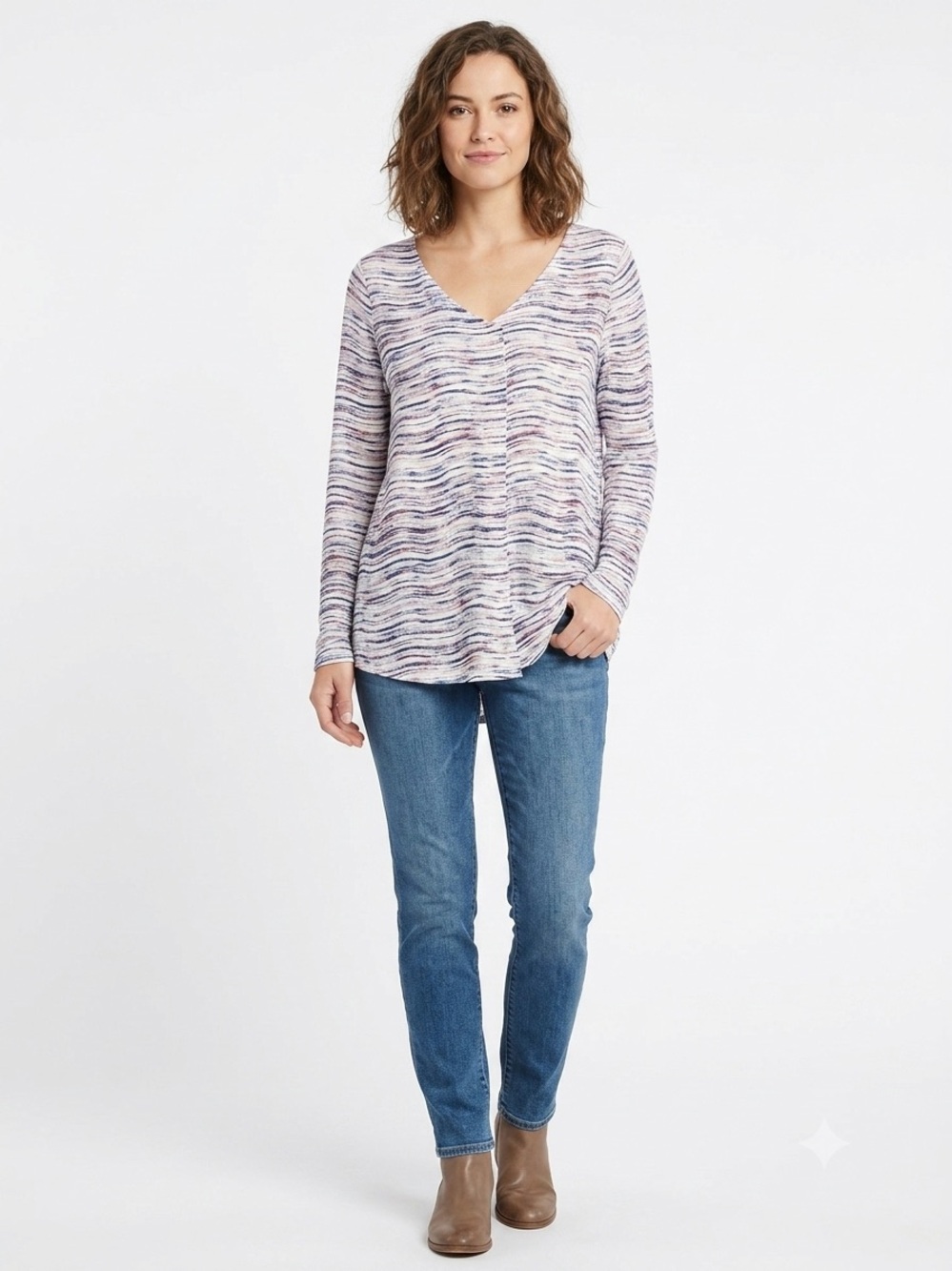 Cupio Striped V-Neck Long Sleeve Top - White, Navy, Pink Soft Comfy Stretchy